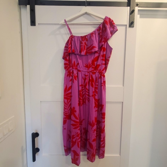 One shoulder pink & red hawaiian print sundress Size Large - Picture 3 of 9